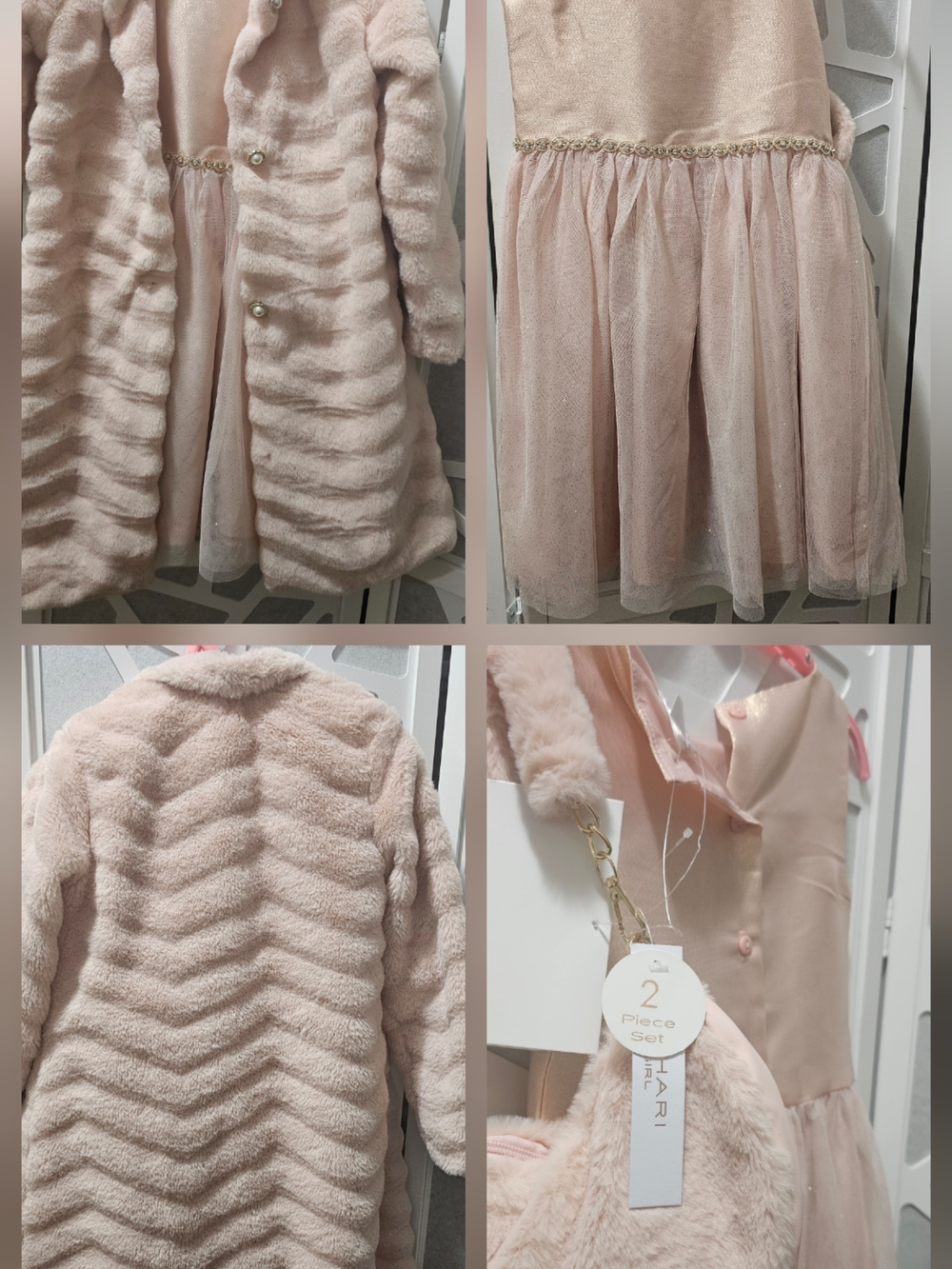 Tahari Girl Blush Pink Dress Set w/ Faux Fur Coat & Purse – Size 7 – NWT